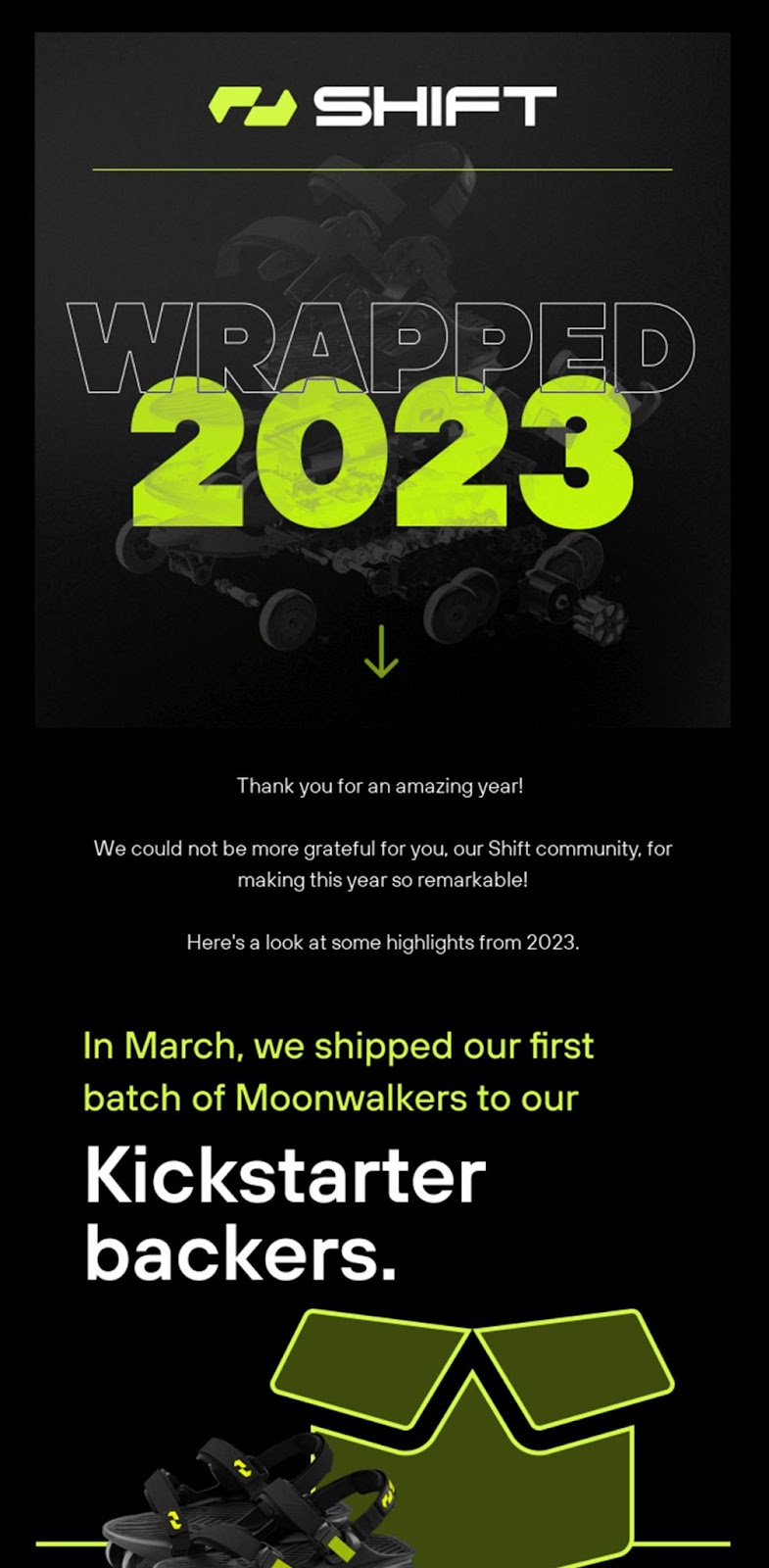 An email from Shift titled "Wrapped 2023" where the email's color scheme matches their logo’s colors.